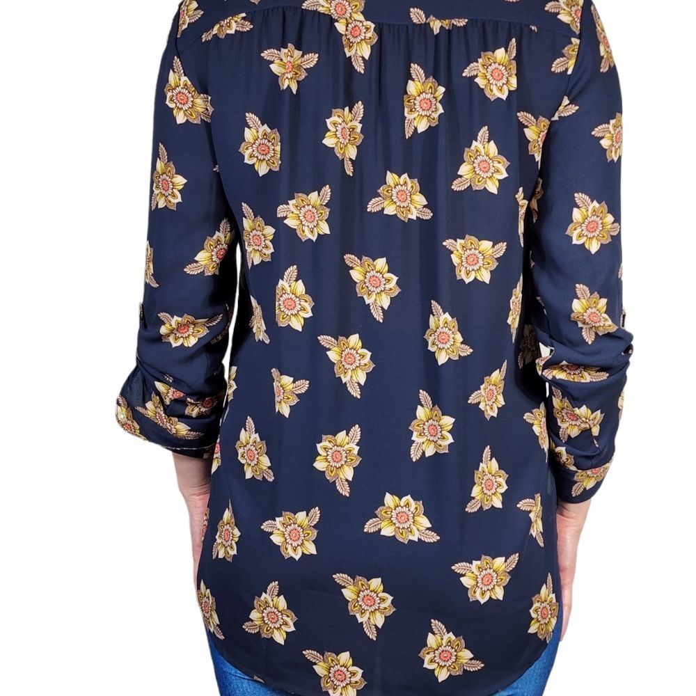 Women's Loft blouse navy floral long sleeve roll tab hi low hem tunic - Picture 4 of 7